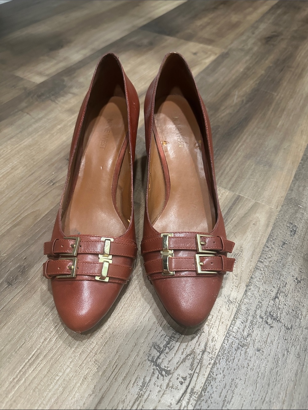 Nine West Brown Leather Pointed-Toe Buckle Pumps